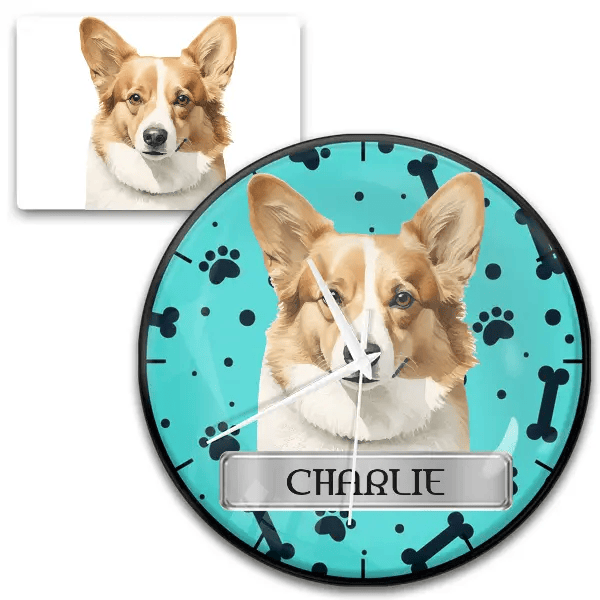 Welsh Corgi Wanduhr personalisiert mit Haustier u. Namen!