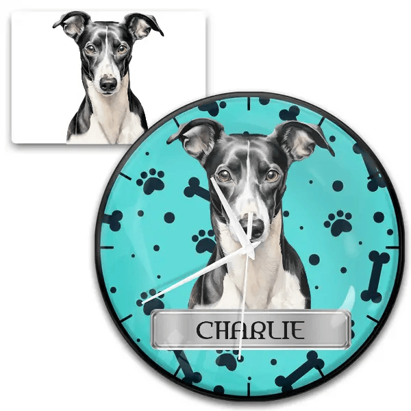 Whippet Wanduhr personalisiert mit Haustier u. Namen!