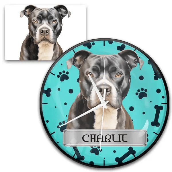 Pit bull Wanduhr personalisiert mit Haustier u. Namen!