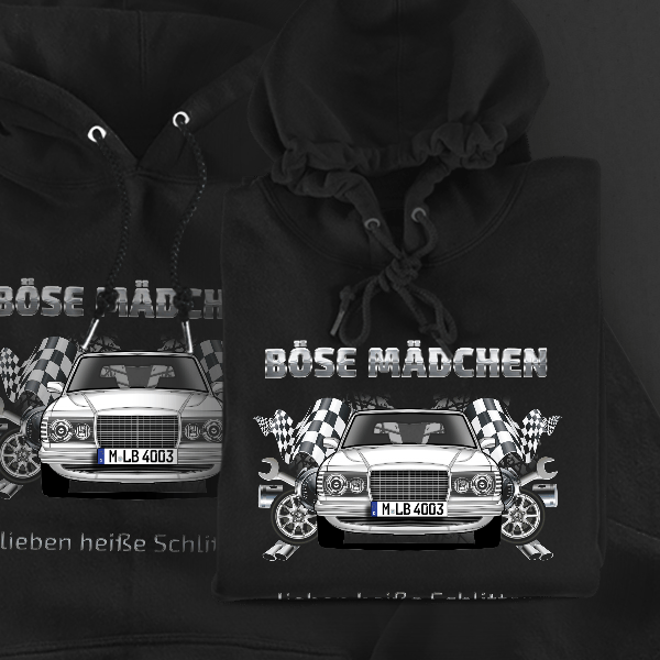 W 123 Coupe Hoodie für Damen u. Herren personalisiert mit deinem Auto u. Kennzeichen!