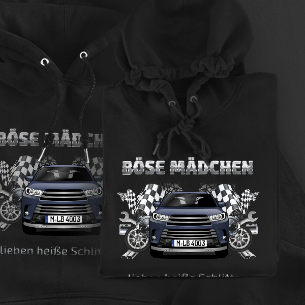 Highlander Hoodie für Damen u. Herren personalisiert mit deinem Auto u. Kennzeichen!