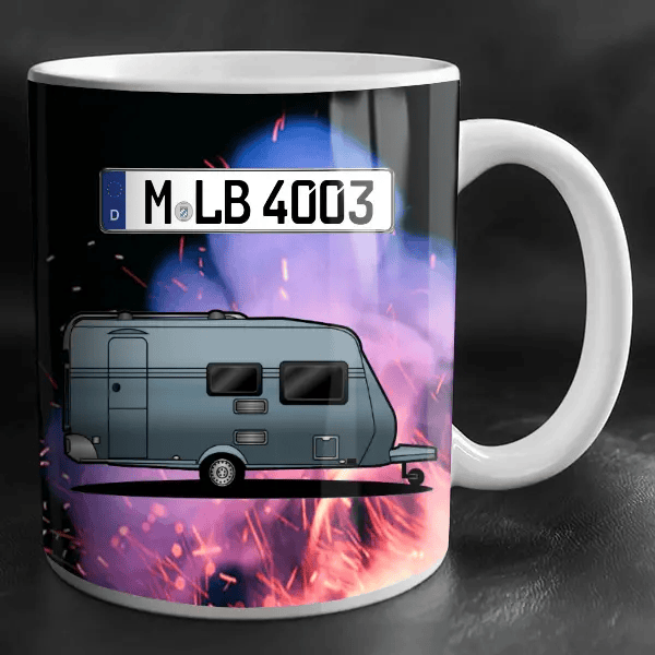 Delux Tasse personalisiert mit Wunsch - Wohnwagen u. Kennzeichen!