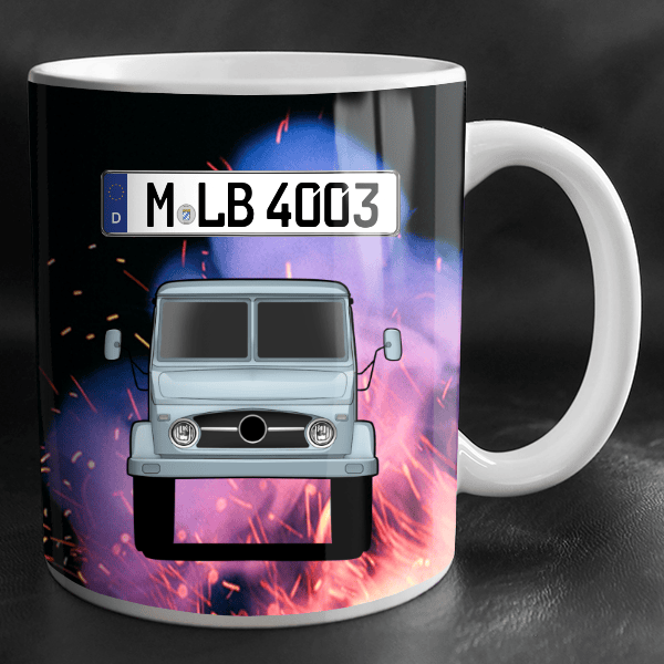Unimog Baureihe 404 Tasse personalisiert mit Wunsch - LKW u. Kennzeichen!