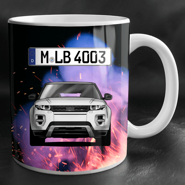 Evoque Tasse personalisiert mit Wunsch - Auto u. Kennzeichen!