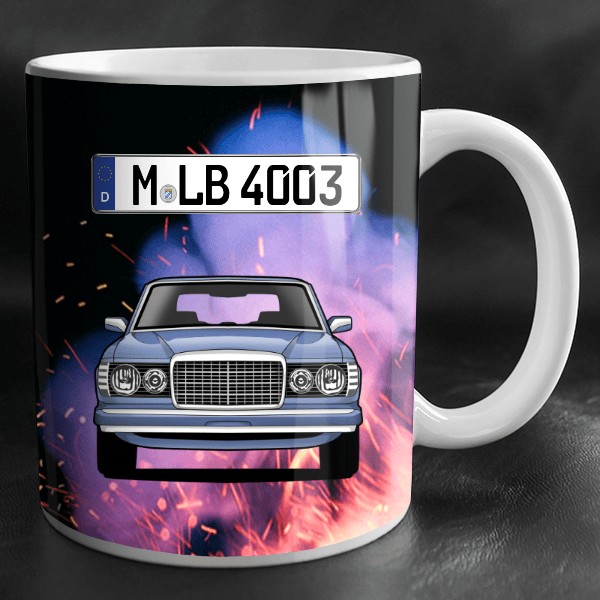W 123 Kombi Tasse personalisiert mit Wunsch - Auto u. Kennzeichen!