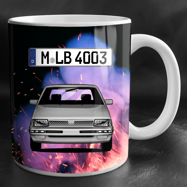 Justy (5-Türer) Tasse personalisiert mit Wunsch - Auto u. Kennzeichen!