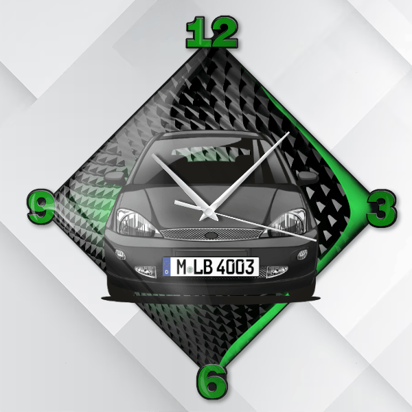 Focus (3-Türer) Wanduhr personalisiert mit deinem Auto u. Kennzeichen!