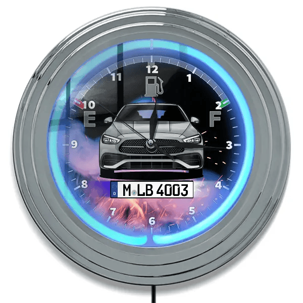 C 180 Neon Wanduhr personalisiert mit deinem Auto u. Kennzeichen!