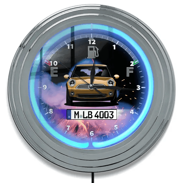 Clubman One Neon Wanduhr personalisiert mit deinem Auto u. Kennzeichen!