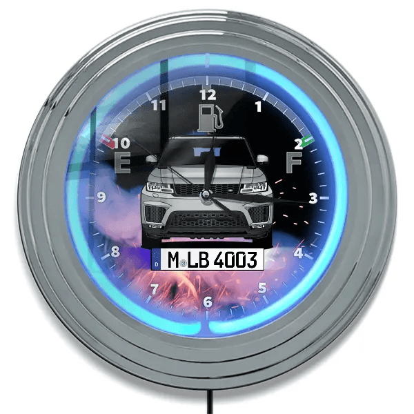 Sport SVR Neon Wanduhr personalisiert mit deinem Auto u. Kennzeichen!