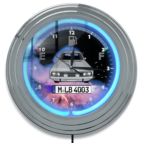 Commodore Neon Wanduhr personalisiert mit deinem Auto u. Kennzeichen!