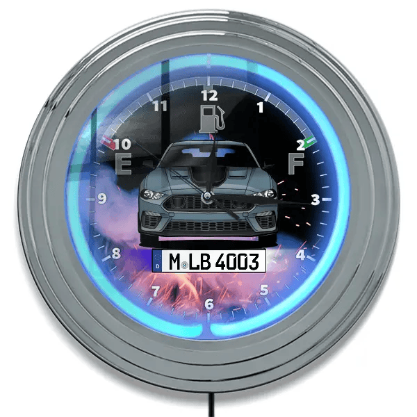 Mustang Mach 1 Neon Wanduhr personalisiert mit deinem Auto u. Kennzeichen!