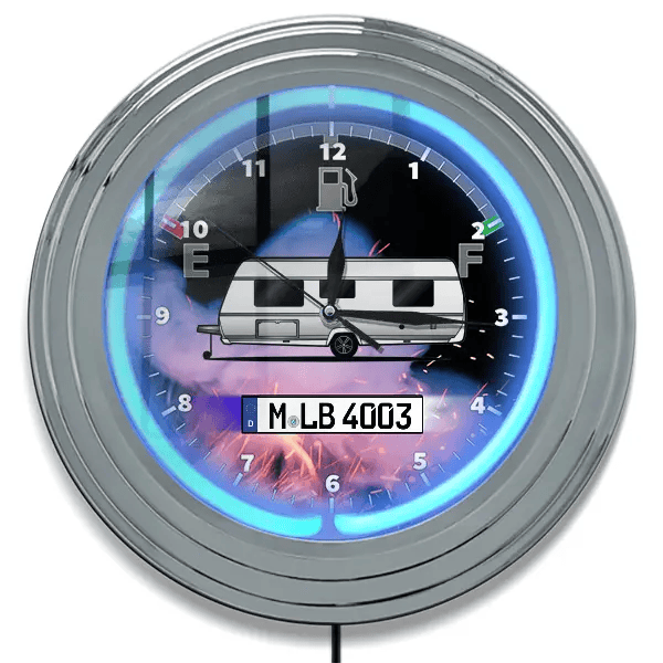 560 Neon Wanduhr personalisiert mit deinem Wohnwagen u. Kennzeichen!