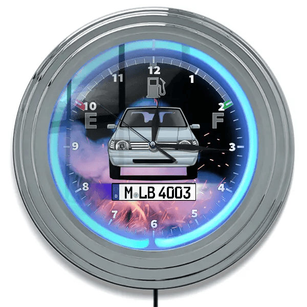 205 Neon Wanduhr personalisiert mit deinem Auto u. Kennzeichen!