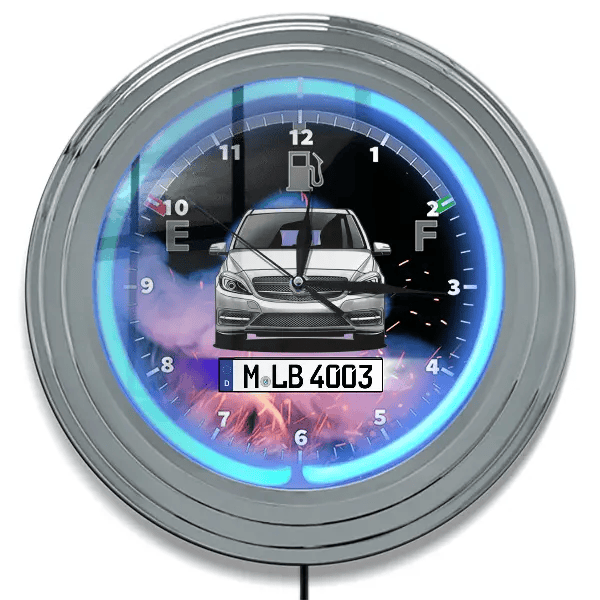 B-Klasse Neon Wanduhr personalisiert mit deinem Auto u. Kennzeichen!
