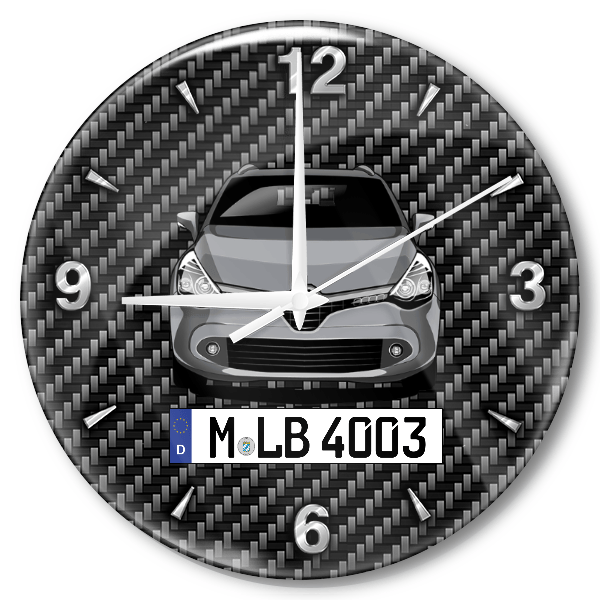 Clio Grand Tour Wanduhr personalisiert mit Auto u. Kennzeichen! M, Carbon Design