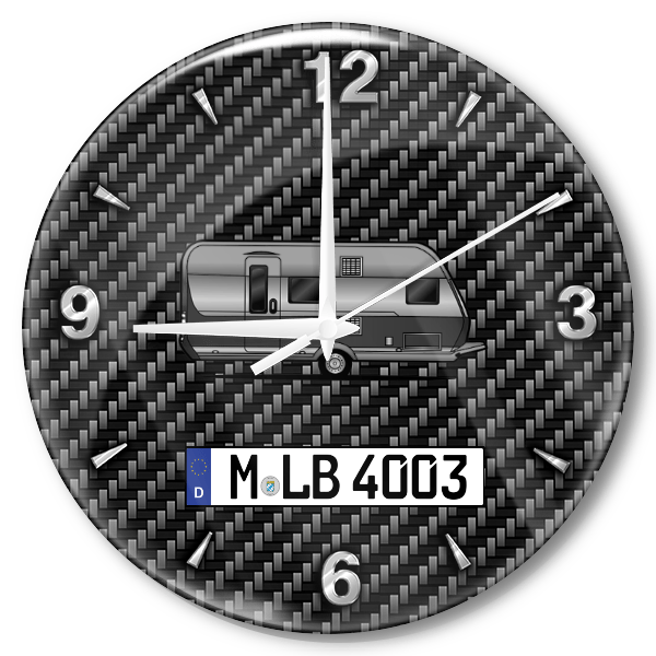 490 Wanduhr personalisiert mit Campinganhänger u. Kennzeichen! M, Carbon Design