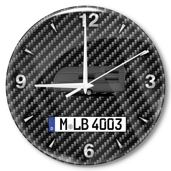 Altea Wanduhr personalisiert mit Campinganhänger u. Kennzeichen! M, Carbon Design