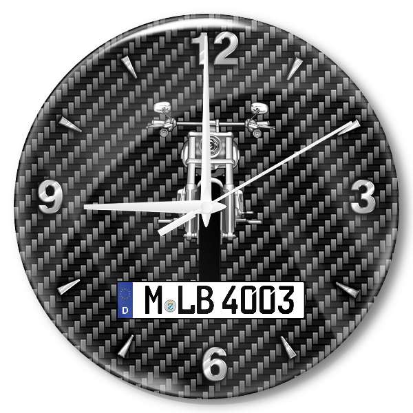 Breakout Wanduhr personalisiert mit Motorrad u. Kennzeichen! M, Carbon Design