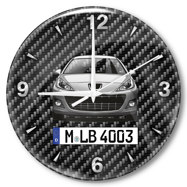 207 (5-Türer) Wanduhr personalisiert mit Auto u. Kennzeichen! M, Carbon Design
