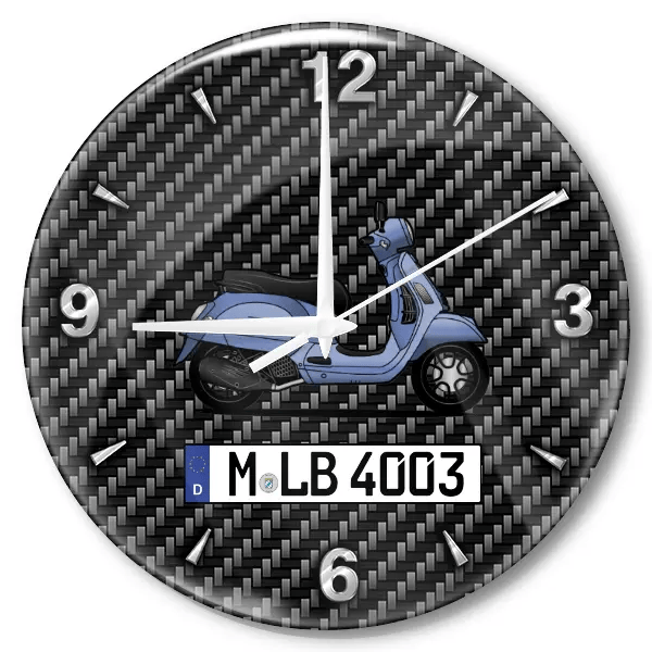 Vespa GTS Wanduhr personalisiert mit Motorrad u. Kennzeichen! M, Carbon Design