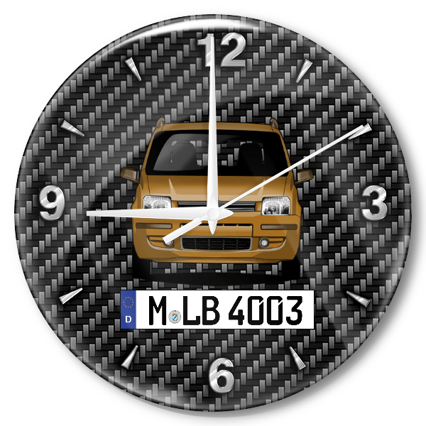Panda (5-Türer) Wanduhr personalisiert mit Auto u. Kennzeichen! M, Carbon Design