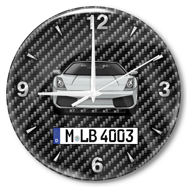 Gallardo Coupe Wanduhr personalisiert mit Auto u. Kennzeichen! M, Carbon Design