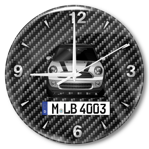 Clubman One D Wanduhr personalisiert mit Auto u. Kennzeichen! M, Carbon Design
