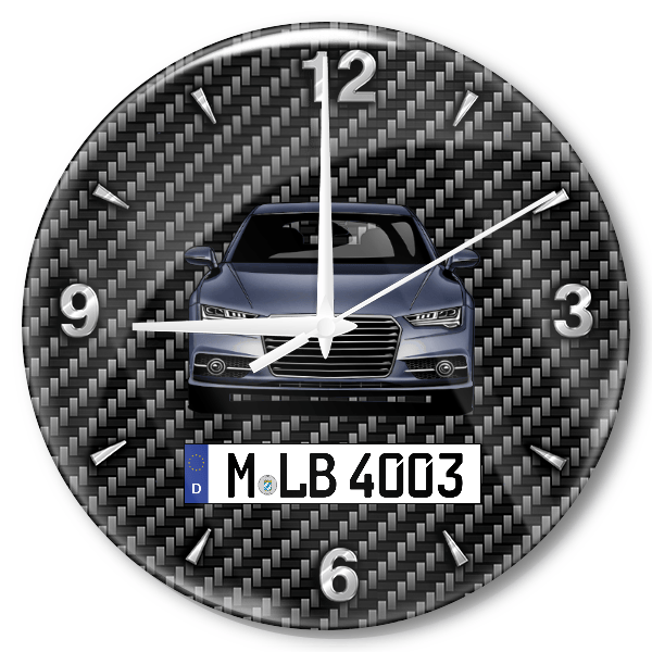 A7 Liftback Wanduhr personalisiert mit Auto u. Kennzeichen! M, Carbon Design