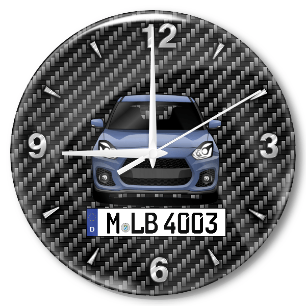 Swift Sport Wanduhr personalisiert mit Auto u. Kennzeichen! M, Carbon Design