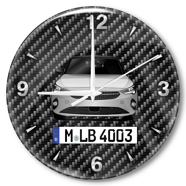 Corsa-e Wanduhr personalisiert mit Auto u. Kennzeichen! M, Carbon Design