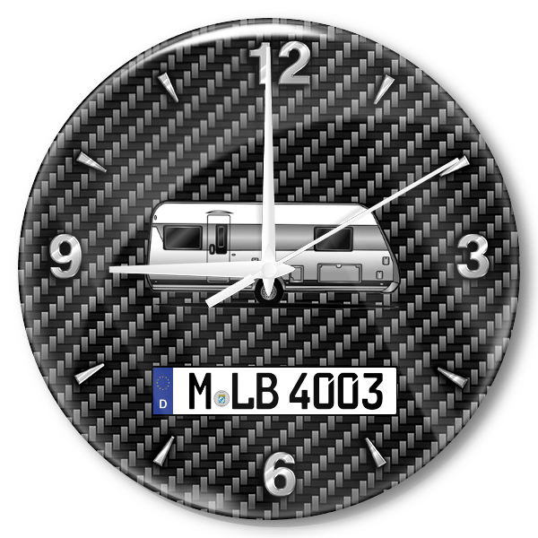 Musica 560E Wanduhr personalisiert mit Campinganhänger u. Kennzeichen! M, Carbon Design