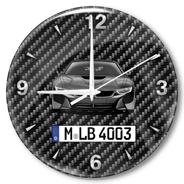 i8 Roadster Wanduhr personalisiert mit Auto u. Kennzeichen! M, Carbon Design