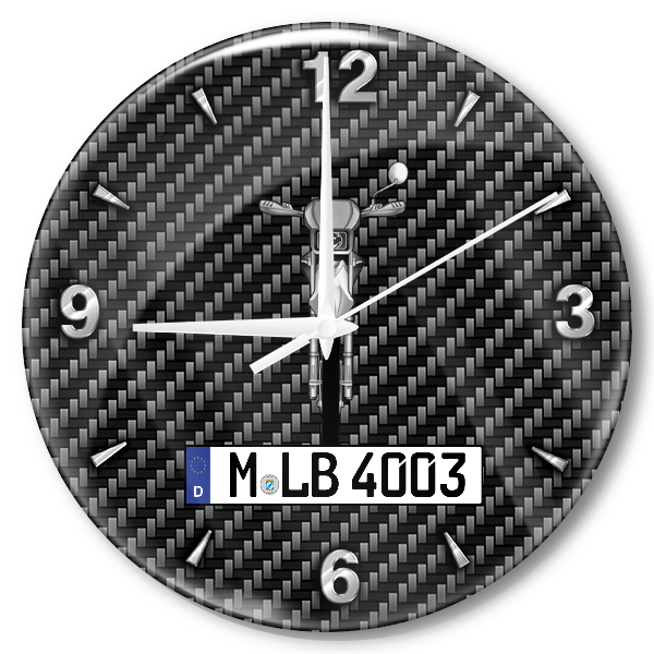 DT125 Wanduhr personalisiert mit Motorrad u. Kennzeichen! M, Carbon Design