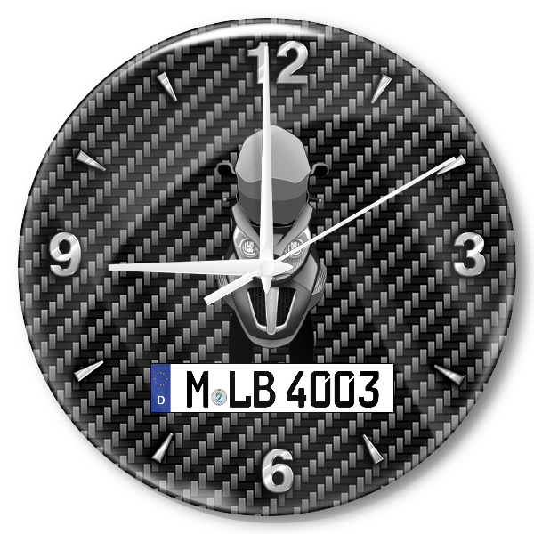 MP3 821 Wanduhr personalisiert mit Motorrad u. Kennzeichen! M, Carbon Design