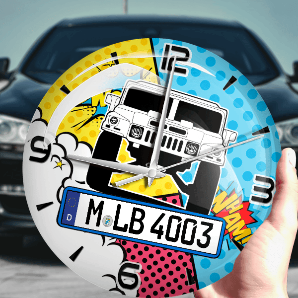 H1 Wanduhr personalisiert mit Auto u. Kennzeichen! M, Comic Design 1