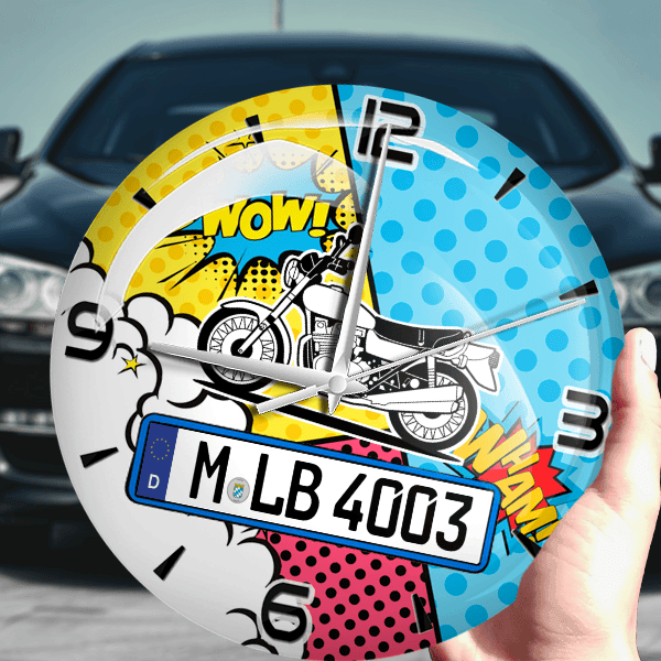 Z1 Wanduhr personalisiert mit Motorrad u. Kennzeichen! M, Comic Design 1