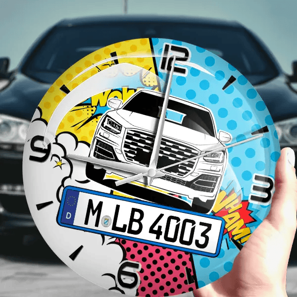 Q2 Wanduhr personalisiert mit Auto u. Kennzeichen! M, Comic Design 1