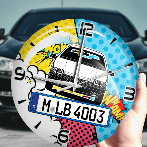 Fuego Wanduhr personalisiert mit Auto u. Kennzeichen! M, Comic Design 1