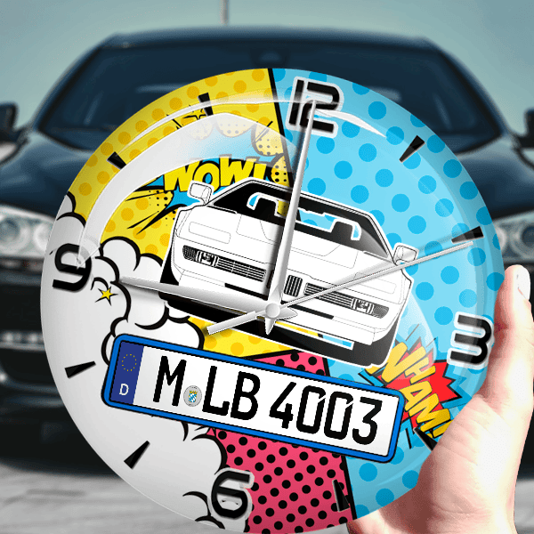 M1 Wanduhr personalisiert mit Auto u. Kennzeichen! M, Comic Design 1