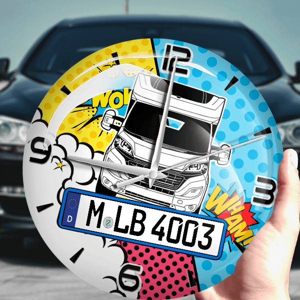 Welcom Wanduhr personalisiert mit Wohnwagen u. Kennzeichen! M, Comic Design 1