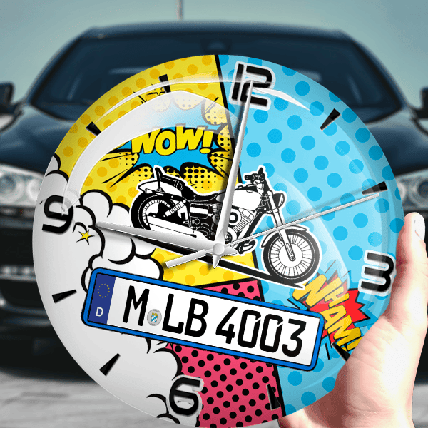 Wide Glide Wanduhr personalisiert mit Motorrad u. Kennzeichen! M, Comic Design 1