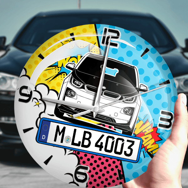 i3 Wanduhr personalisiert mit Auto u. Kennzeichen! M, Comic Design 1