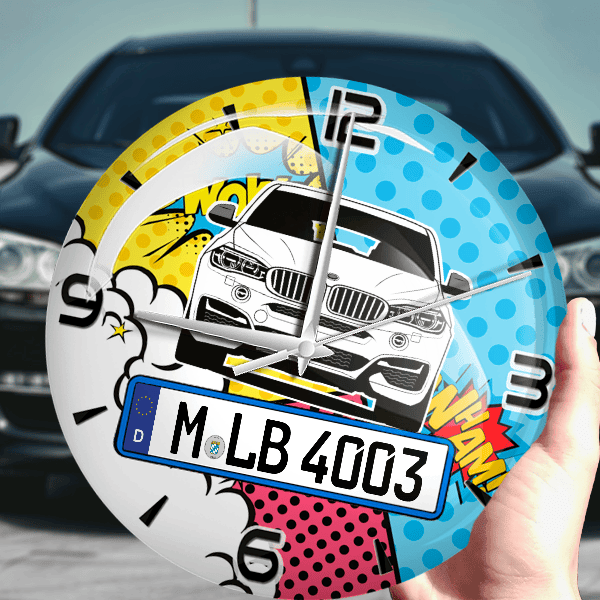 X6 Wanduhr personalisiert mit Auto u. Kennzeichen! M, Comic Design 1