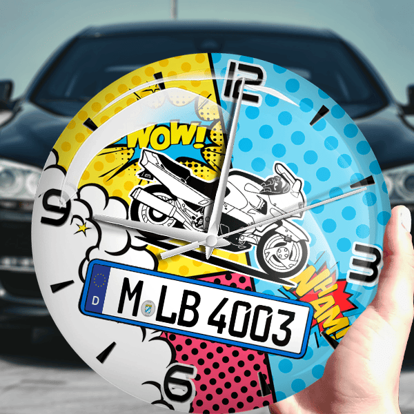 GTS1000 Wanduhr personalisiert mit Motorrad u. Kennzeichen! M, Comic Design 1