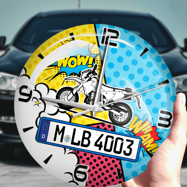 DR-Z 400 Wanduhr personalisiert mit Motorrad u. Kennzeichen! M, Comic Design 1
