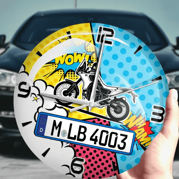 XTZ 698 Tenere 700 Wanduhr personalisiert mit Motorrad u. Kennzeichen! M, Comic Design 1