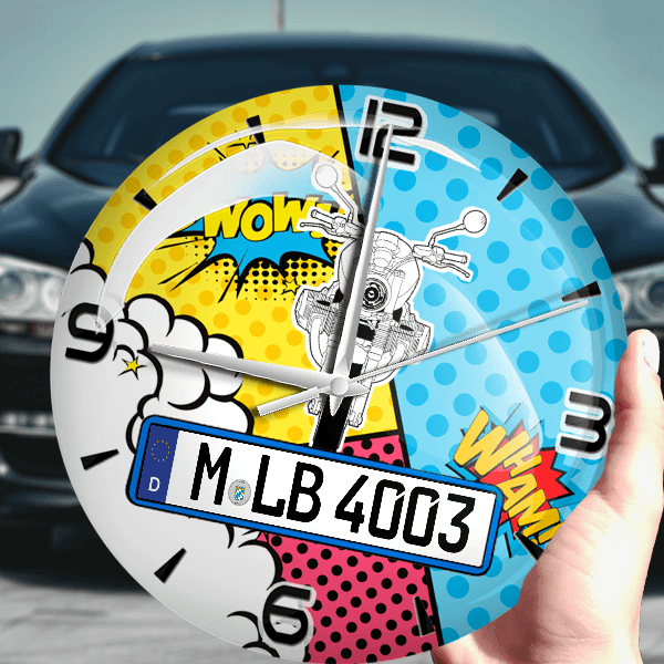 R Ninet Wanduhr personalisiert mit Motorrad u. Kennzeichen! M, Comic Design 1