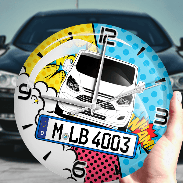 Transit Custom Wanduhr personalisiert mit Auto u. Kennzeichen! M, Comic Design 1