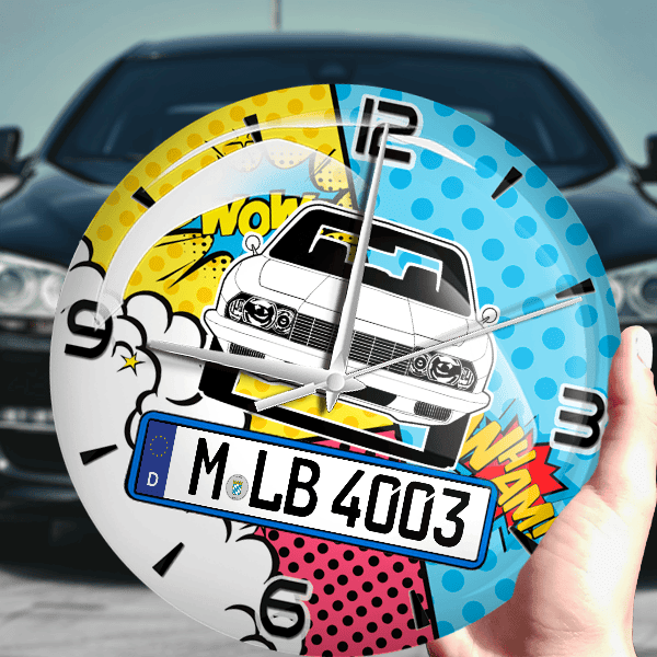Ro 80 Wanduhr personalisiert mit Auto u. Kennzeichen! M, Comic Design 1
